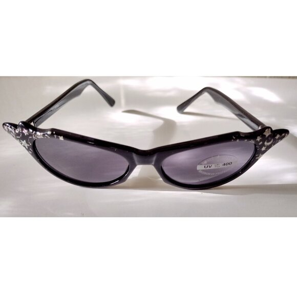 Sunglasses Black Cat Eye Retro Glitter Frame Moon Stars Smoky Lens - Picture 11 of 11